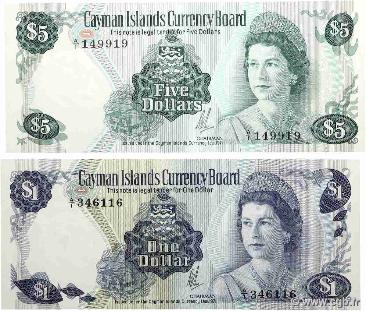 1 et 5 Dollars Lot ÎLES CAIMANS 1972 P.01a et P.02a NEUF