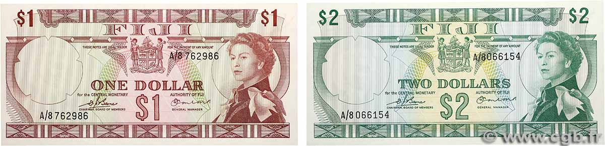 1 et 2 Dollars Lot FIJI 1974 P.071a et P.072b UNC