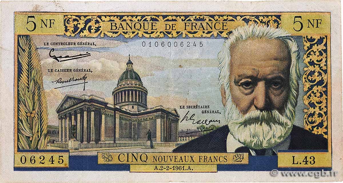 5 Nouveaux Francs VICTOR HUGO FRANCIA 1961 F.56.06 BC+
