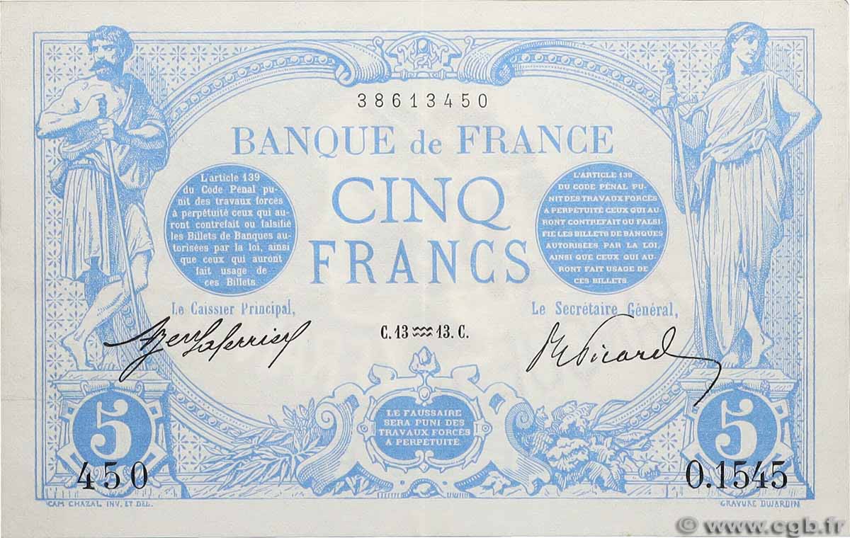 5 Francs BLEU FRANCE 1913 F.02.13 XF