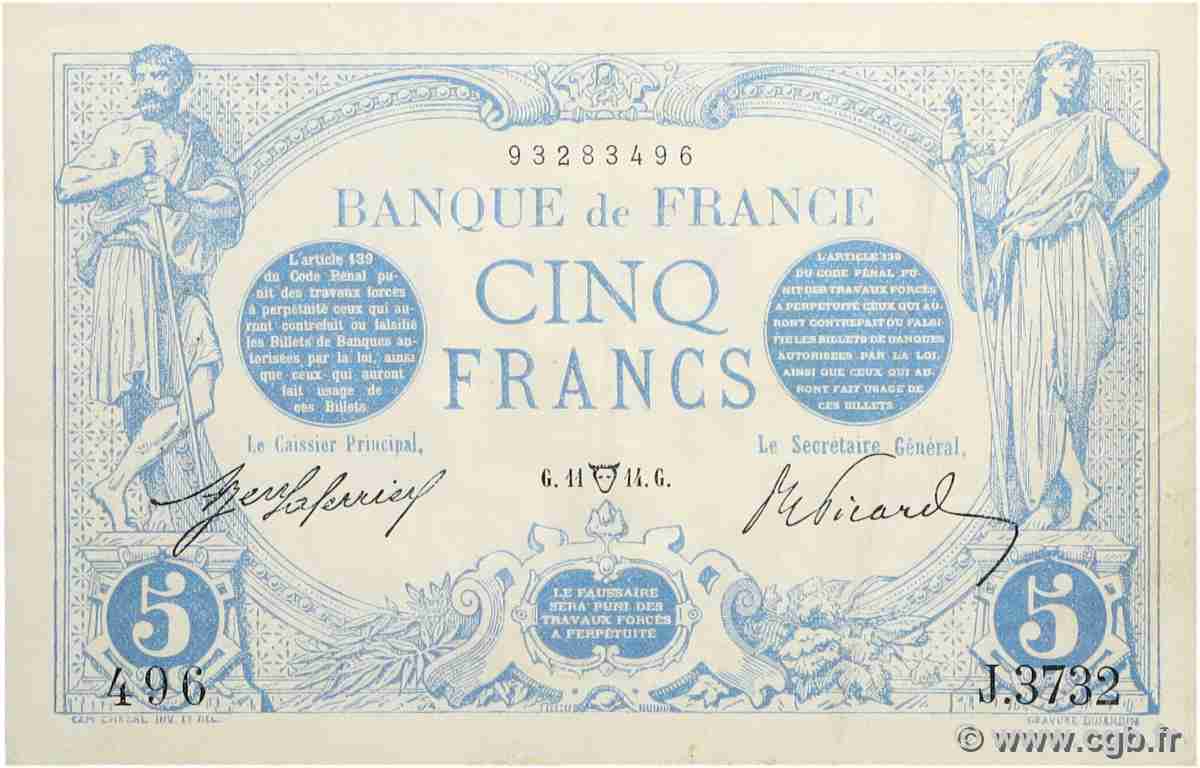 5 Francs BLEU FRANCE 1914 F.02.22 VF+