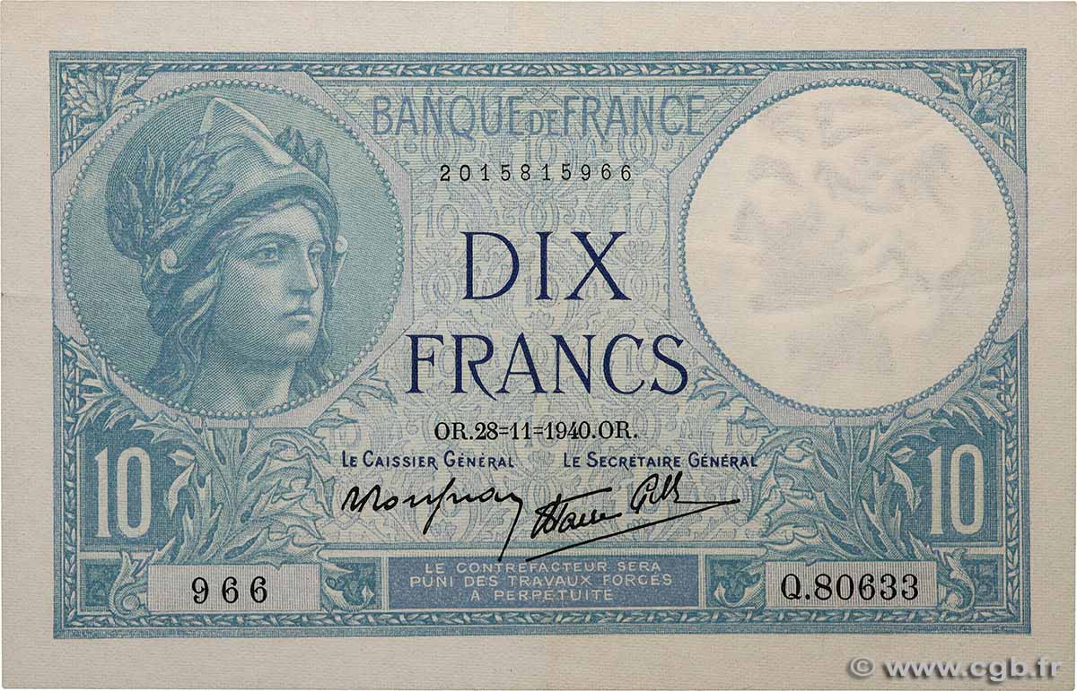 10 Francs MINERVE modifié FRANCIA 1940 F.07.22 SPL