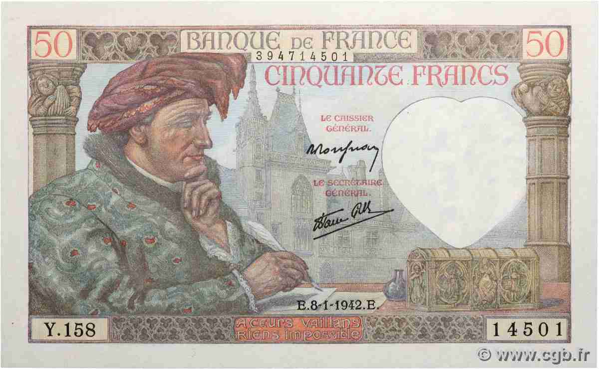 50 Francs JACQUES CŒUR FRANKREICH 1942 F.19.18 fST+