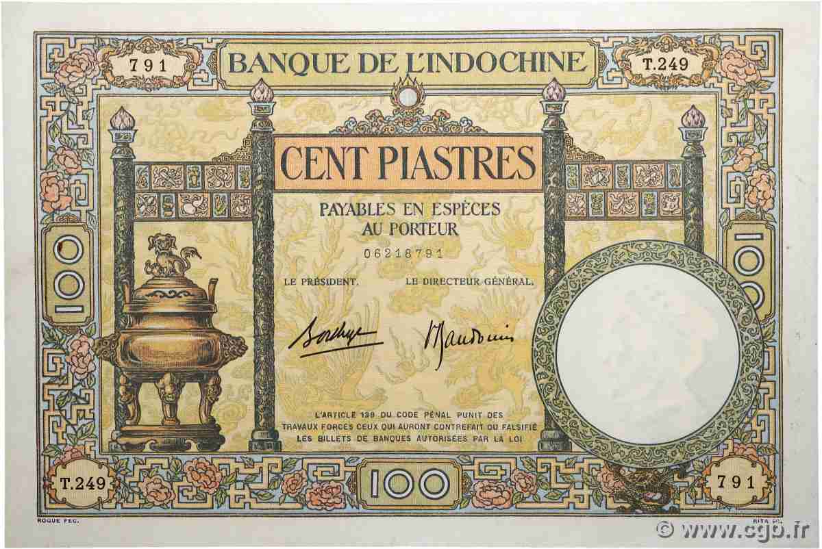 100 Piastres FRANZÖSISCHE-INDOCHINA 1936 P.051d fVZ
