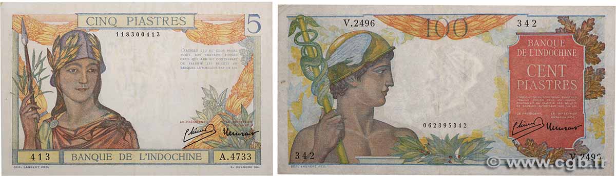 5 et 100 Piastres Lot FRANZÖSISCHE-INDOCHINA 1936 P.055c et P.082b SS