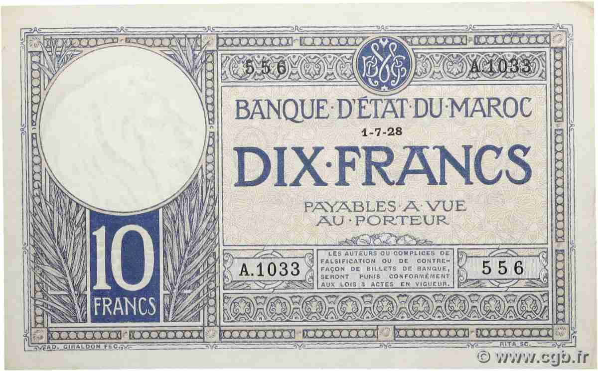 10 Francs MOROCCO 1928 P.11b XF+