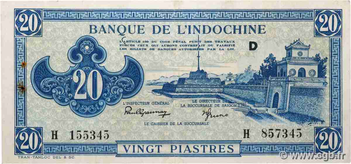 20 Piastres bleu FRANZÖSISCHE-INDOCHINA 1943 P.065 fSS