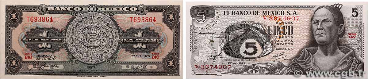 1 et 5 Pesos Lot MEXICO 1970 P.059l et P.062c UNC-