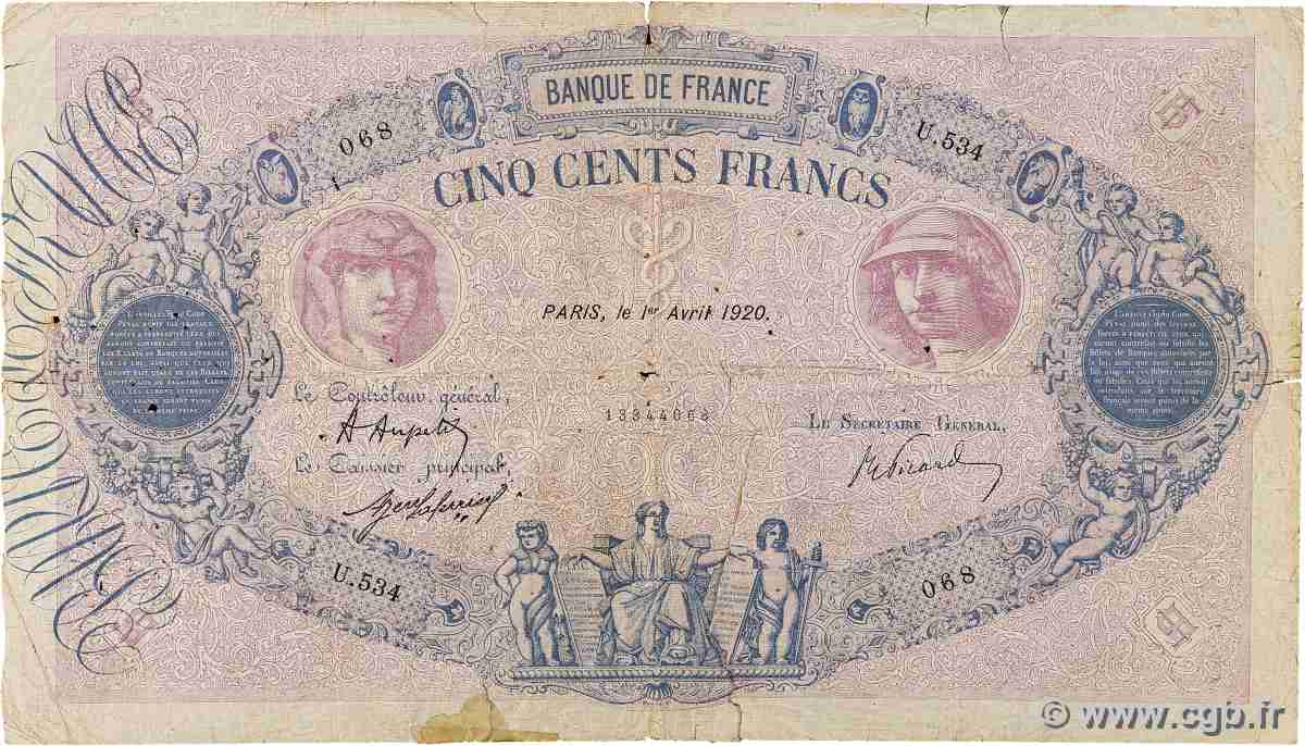 500 Francs BLEU ET ROSE FRANCE 1920 F.30.24 G