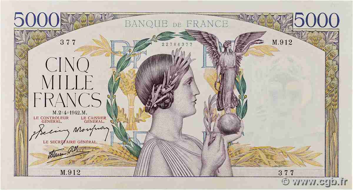 5000 Francs VICTOIRE Impression à plat FRANCE 1942 F.46.36 XF