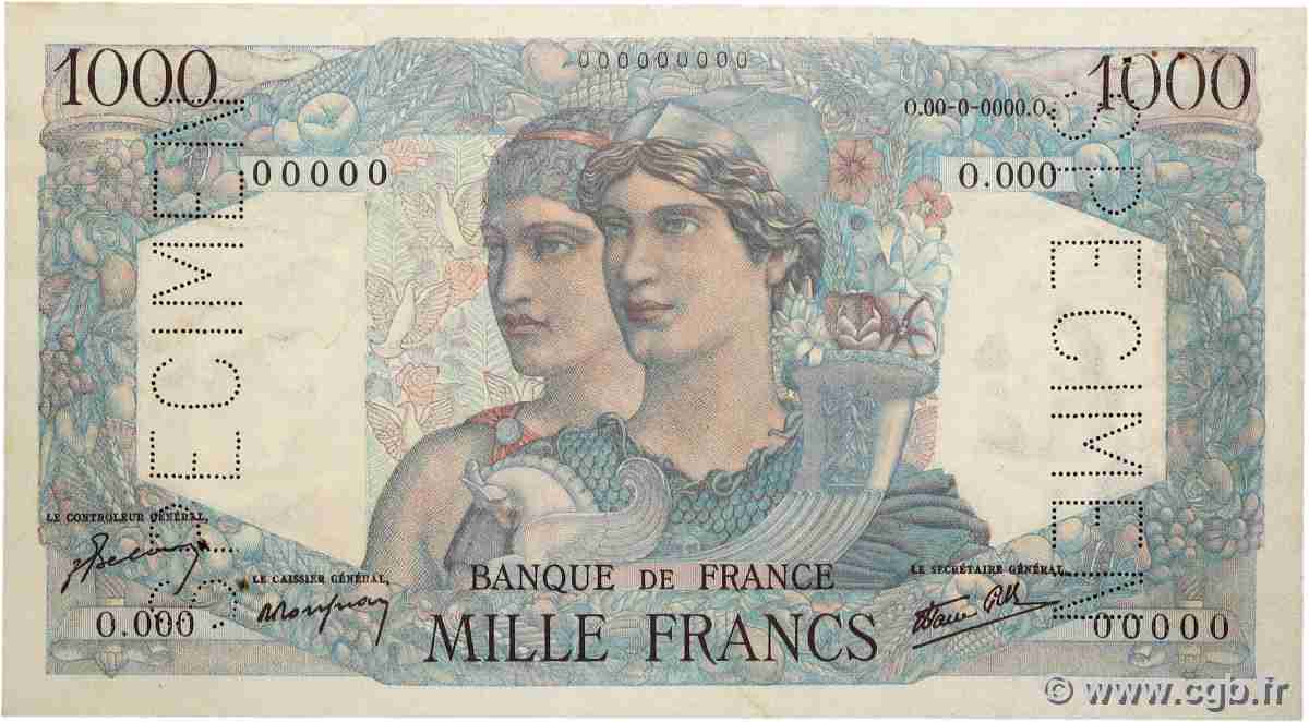 1000 Francs MINERVE ET HERCULE Spécimen FRANCE 1945 F.41.01Sp2 XF