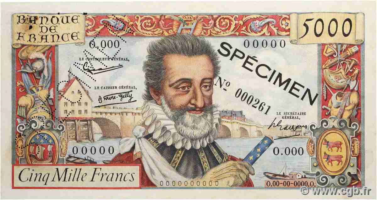 5000 Francs HENRI IV Spécimen FRANCE 1957 F.49.01Spn XF-