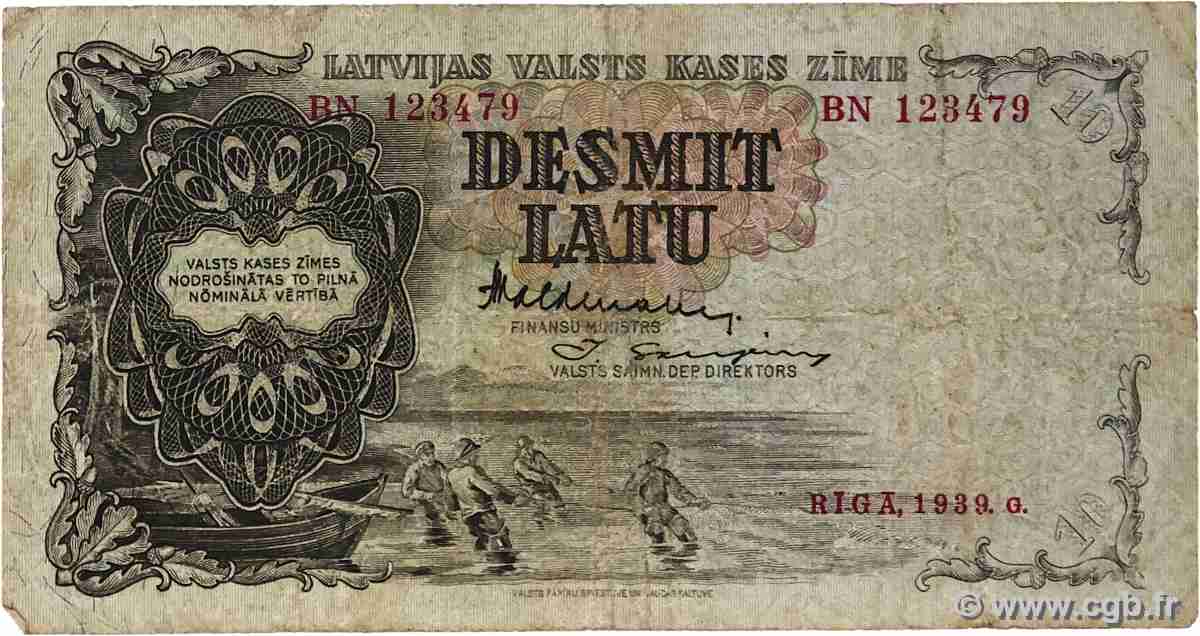 10 Latu LETTONIE 1939 P.29d B+