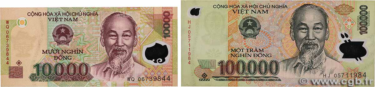10000 et 100000 Dong Lot VIETNAM 2005 P.119a et P.122b XF