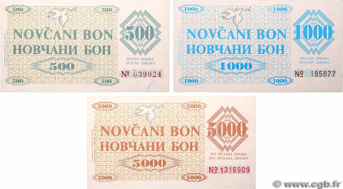 500, 1000 et 5000 Dinara Lot BOSNIA HERZEGOVINA 1992 P.007g, P.008h et P.009h XF+