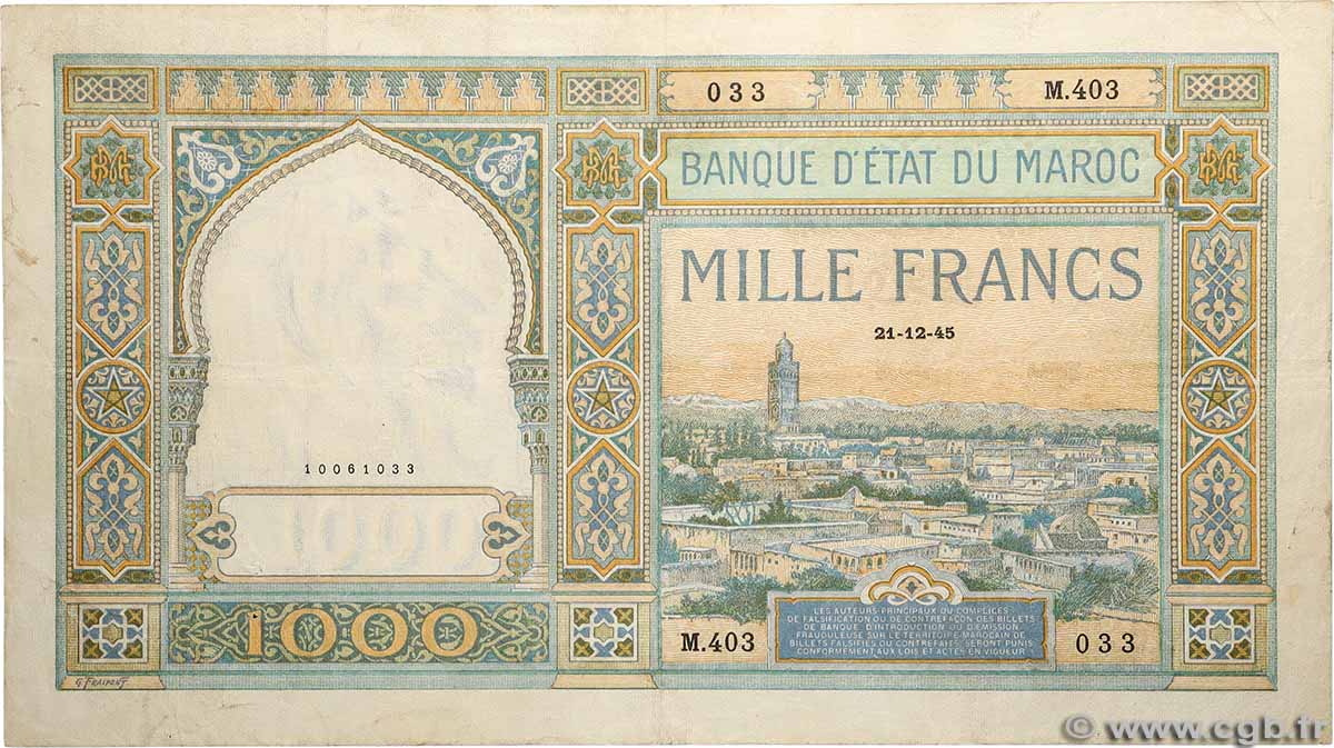 1000 Francs MOROCCO 1945 P.16c VF-