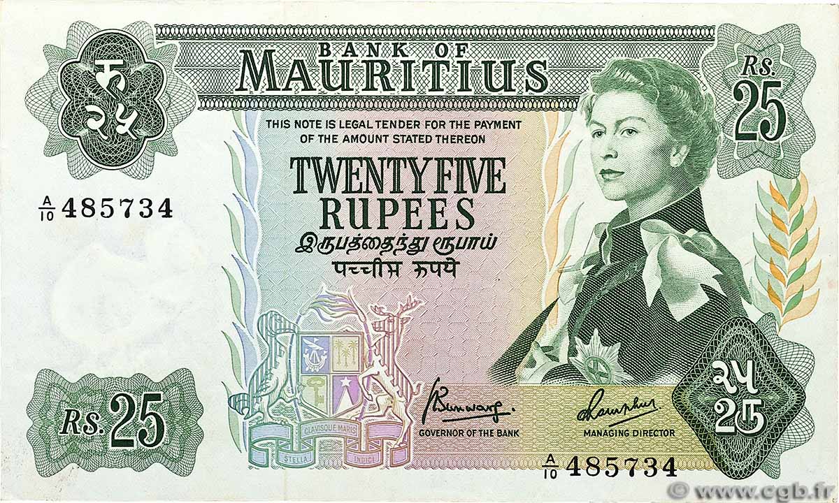 25 Rupees ISOLE MAURIZIE 1967 P.32b SPL