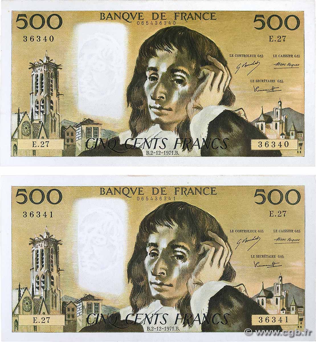 500 Francs PASCAL Consécutifs FRANKREICH 1971 F.71.07 VZ+