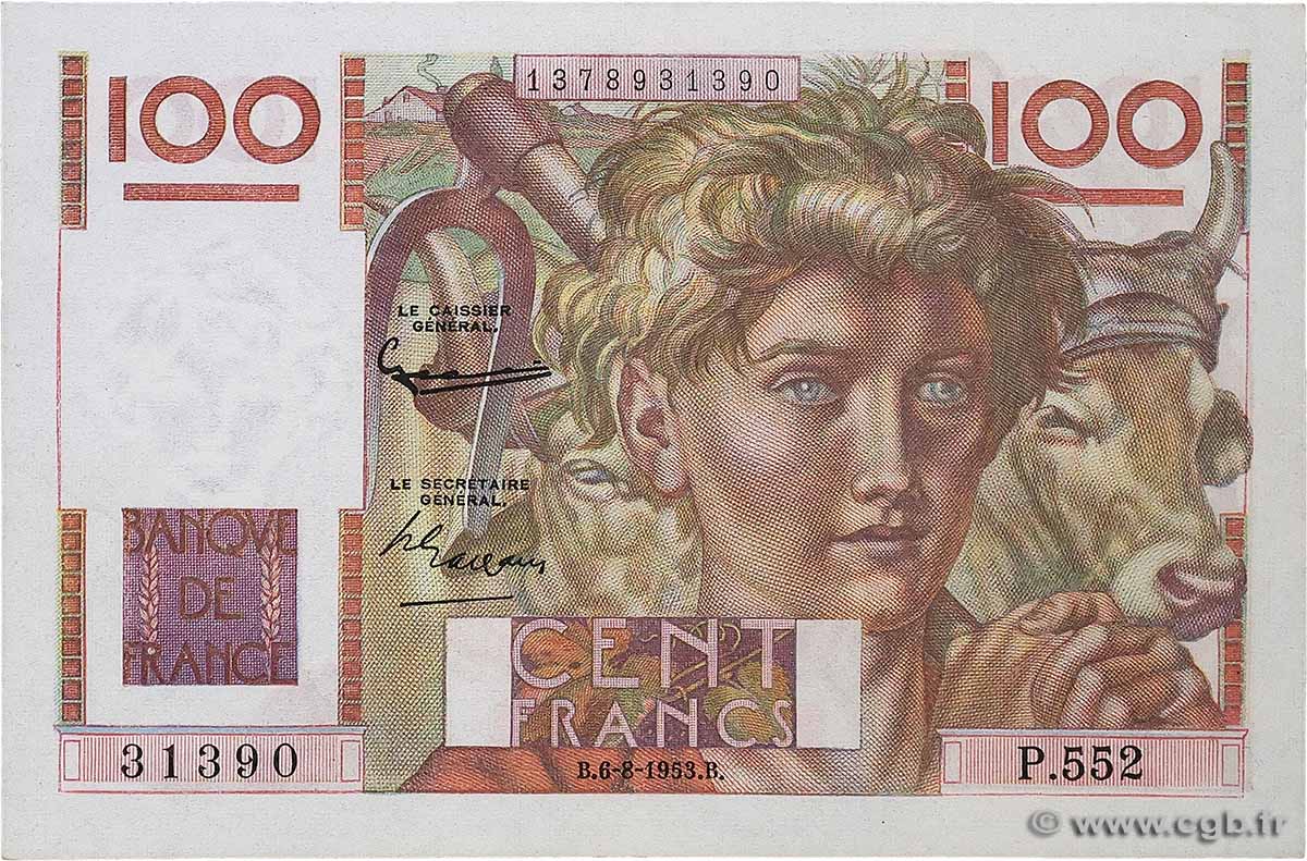 100 Francs JEUNE PAYSAN filigrane inversé FRANCE 1953 F.28bis.02 XF+