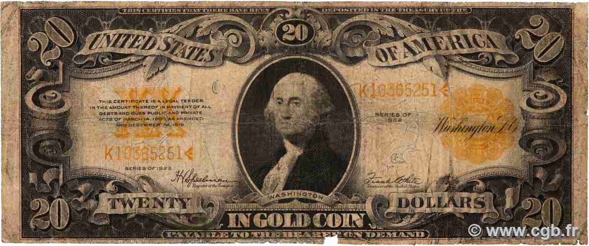 20 Dollars ÉTATS-UNIS D AMÉRIQUE 1922 P.275 pr.B