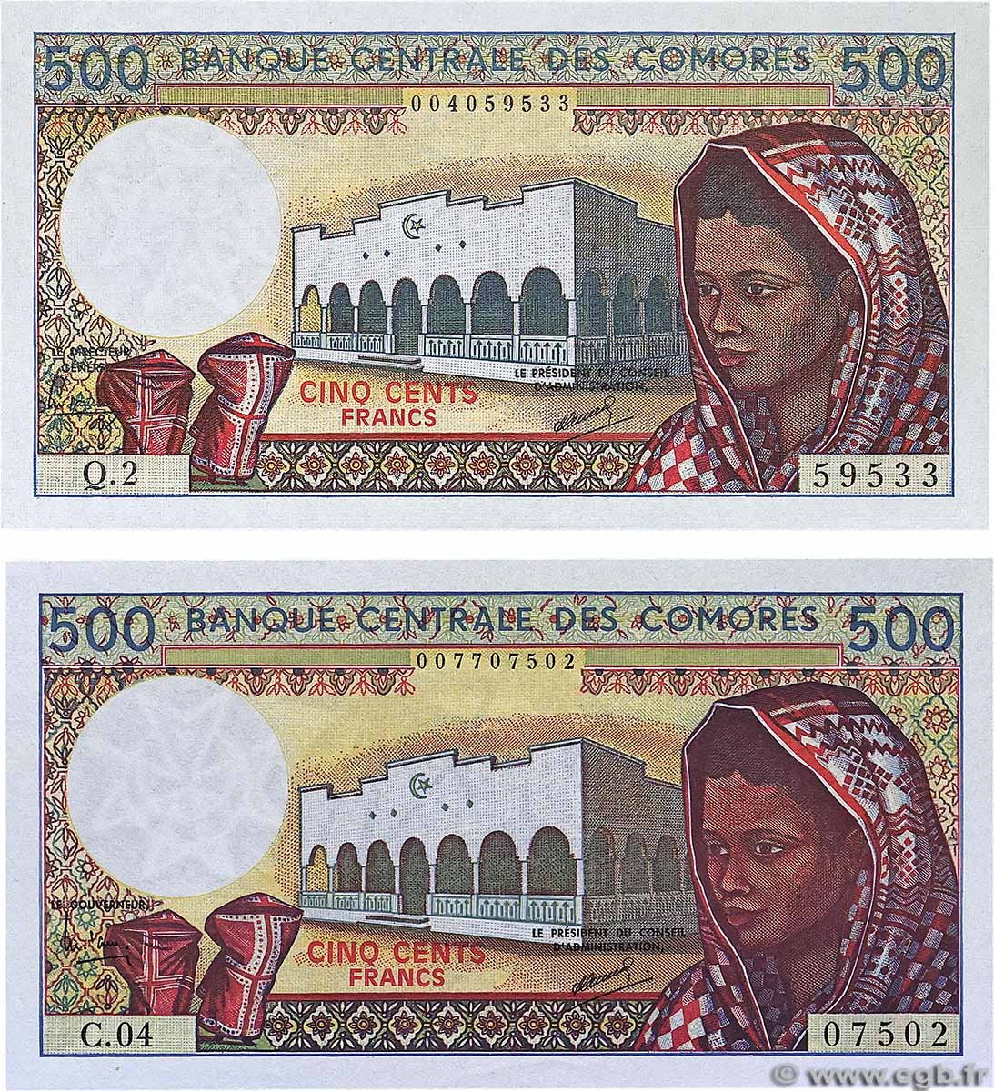500 Francs Lot COMOROS 1986 P.10a2 et P.10b1 UNC-