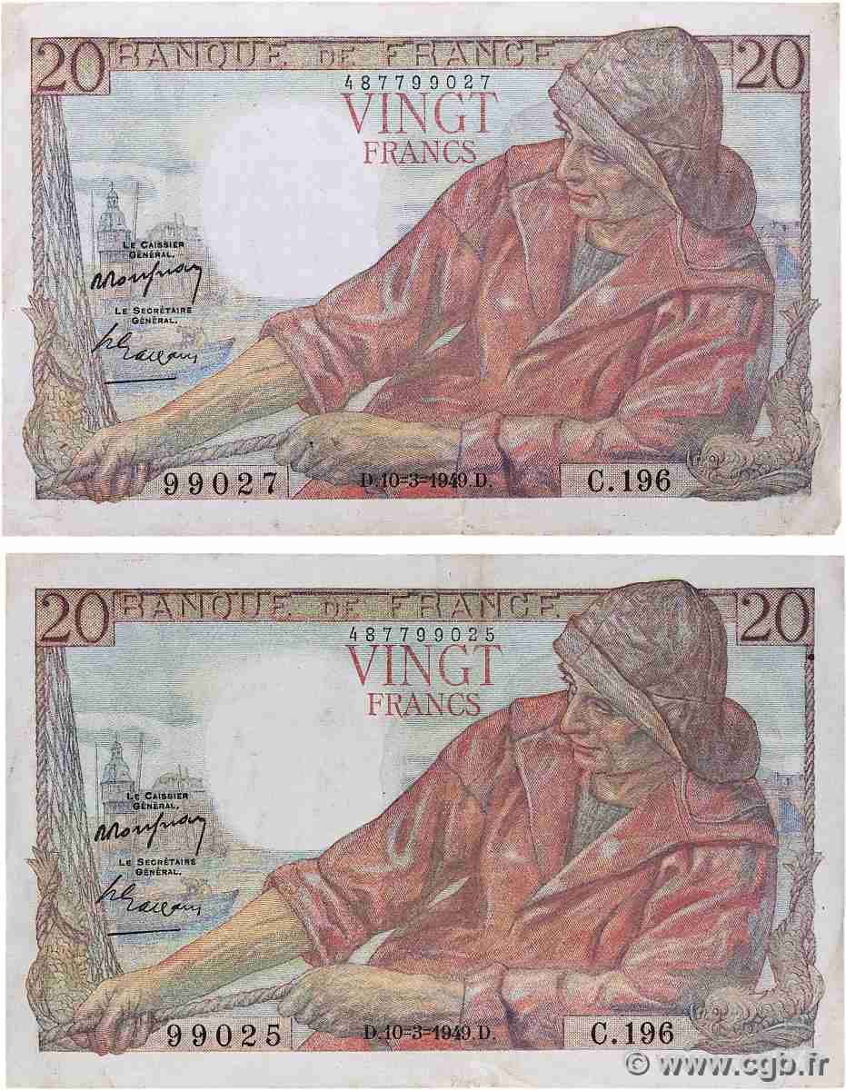 20 Francs PÊCHEUR Lot FRANKREICH 1949 F.13.14 fVZ