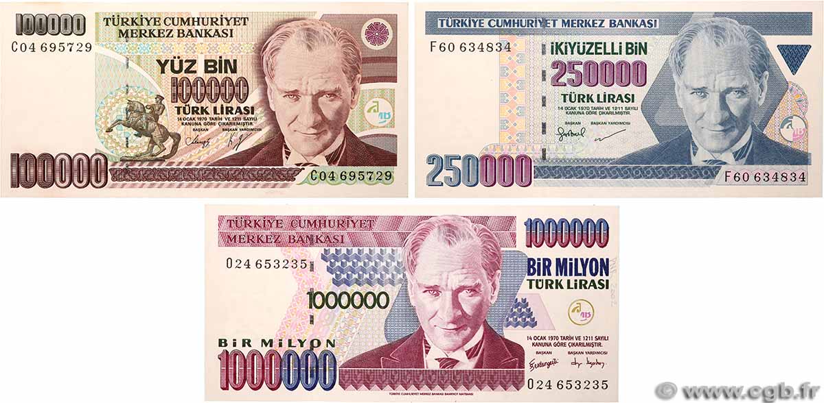 100000, 250000 et 1000000 Lirasi Lot TURKEY 1997 P.206 UNC-