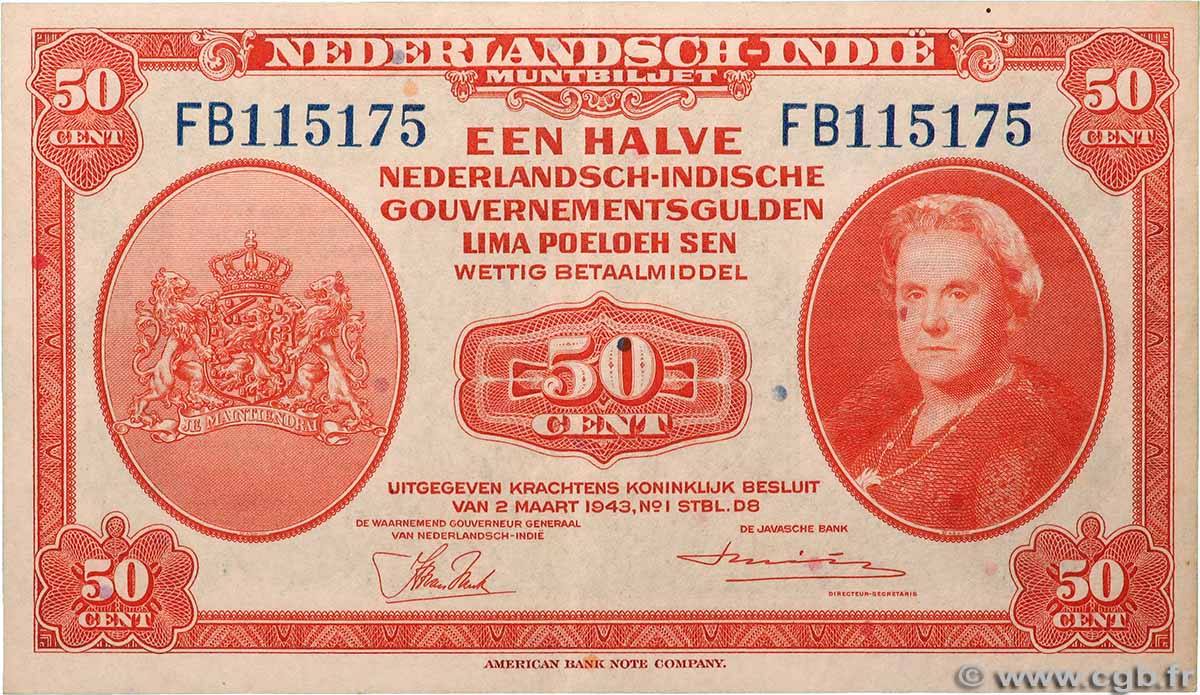 50 Cent INDES NEERLANDAISES 1943 P.110a SUP+