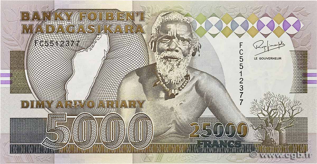 25000 Francs - 5000 Ariary MADAGASCAR 1993 P.074Aa UNC