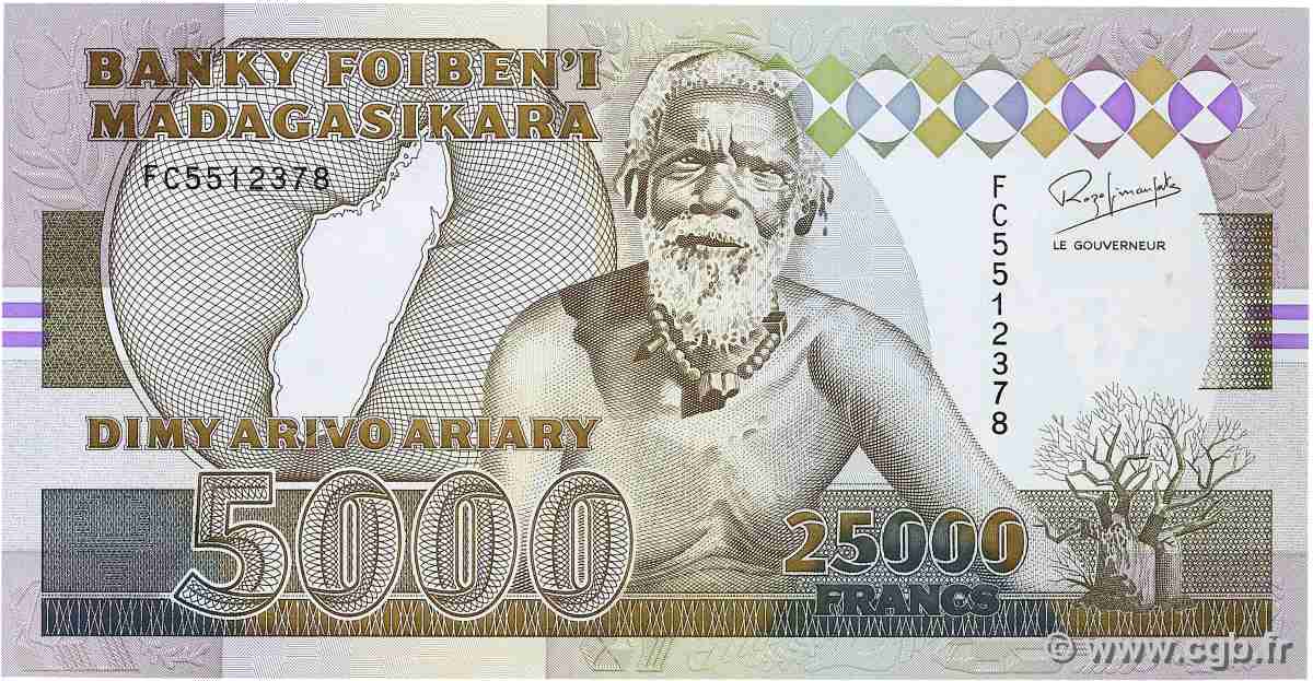 25000 Francs - 5000 Ariary MADAGASCAR 1993 P.074Aa AU