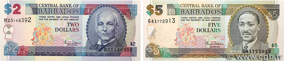 2 et 5 Dollars Lot BARBADOS 2000 P.60 et P.61 UNC