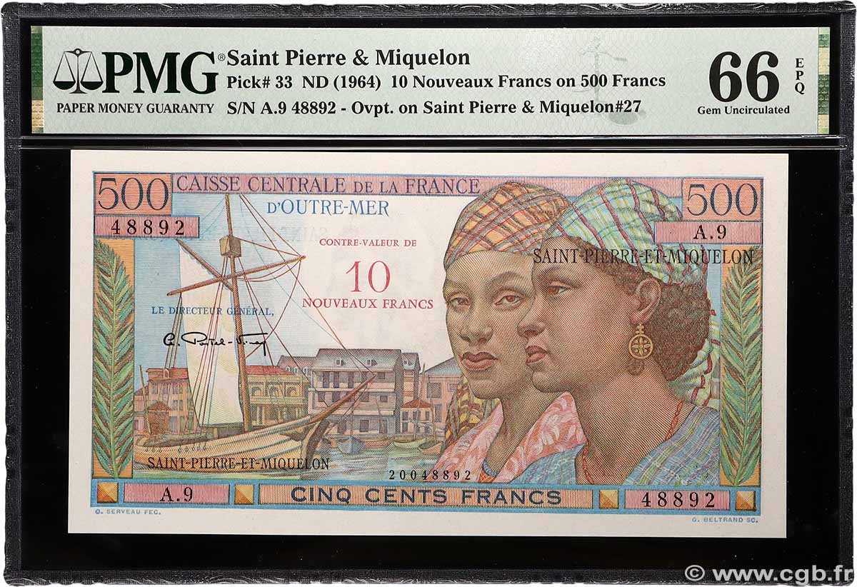 10 NF sur 500 Francs Pointe à Pitre SAN PEDRO Y MIGUELóN 1964 P.33 FDC