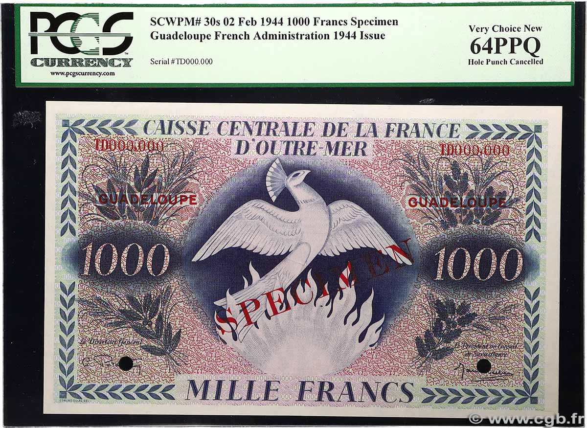 1000 Francs Phénix Spécimen GUADELOUPE 1944 P.30s UNC-