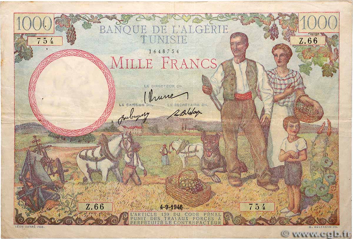 1000 Francs TUNISIA 1946 P.26 VF-