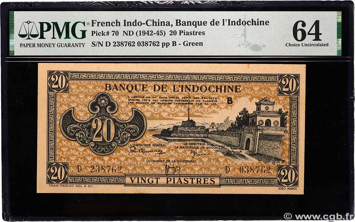 20 Piastres vert FRENCH INDOCHINA 1944 P.070 UNC-