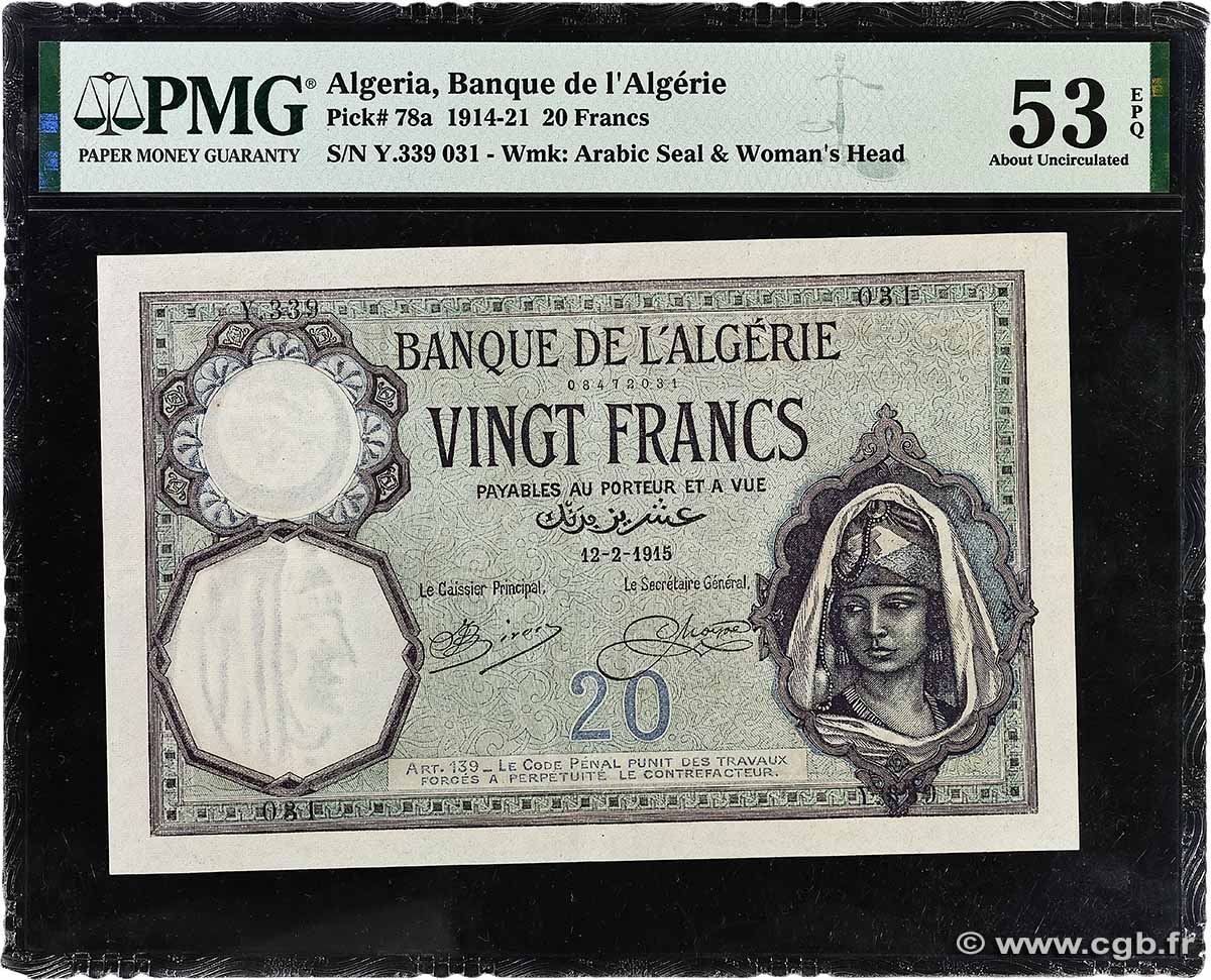 20 Francs ALGERIA 1915 P.078a XF+