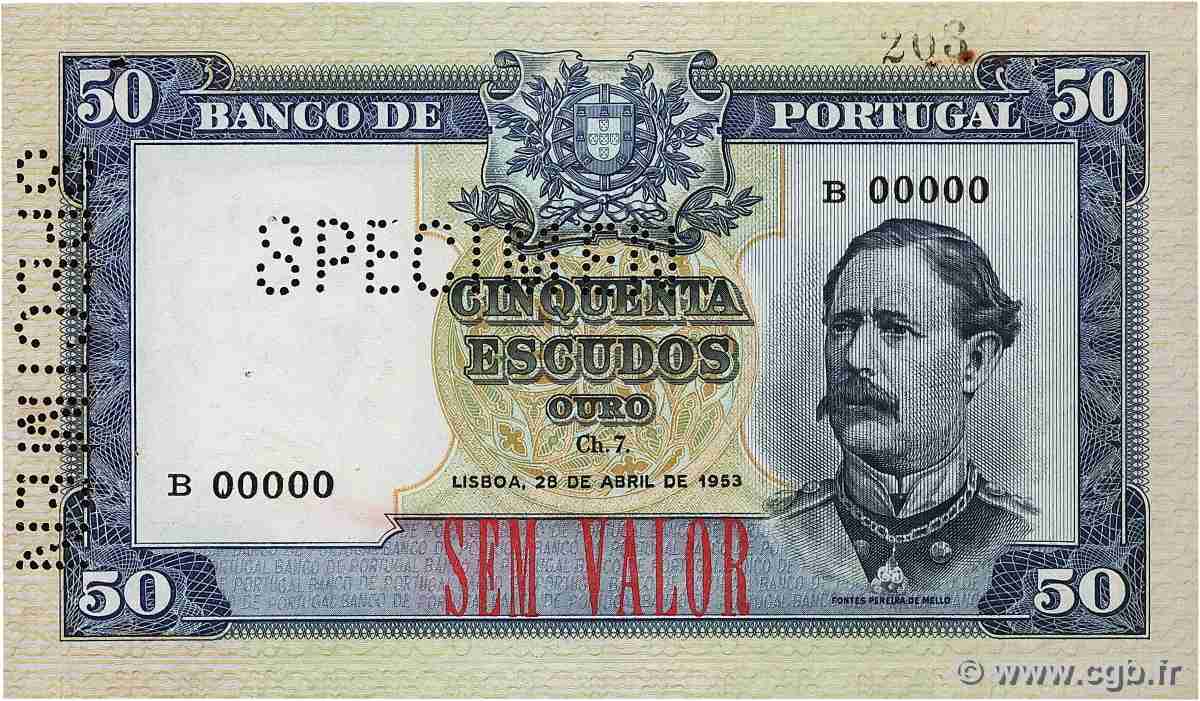 50 Escudos Spécimen PORTUGAL 1953 P.160s XF-