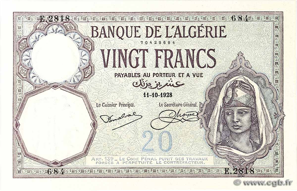 20 Francs ALGERIA 1928 P.078b UNC-
