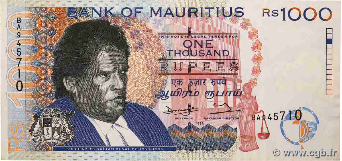 1000 Rupees MAURITIUS 1998 P.47 EBC