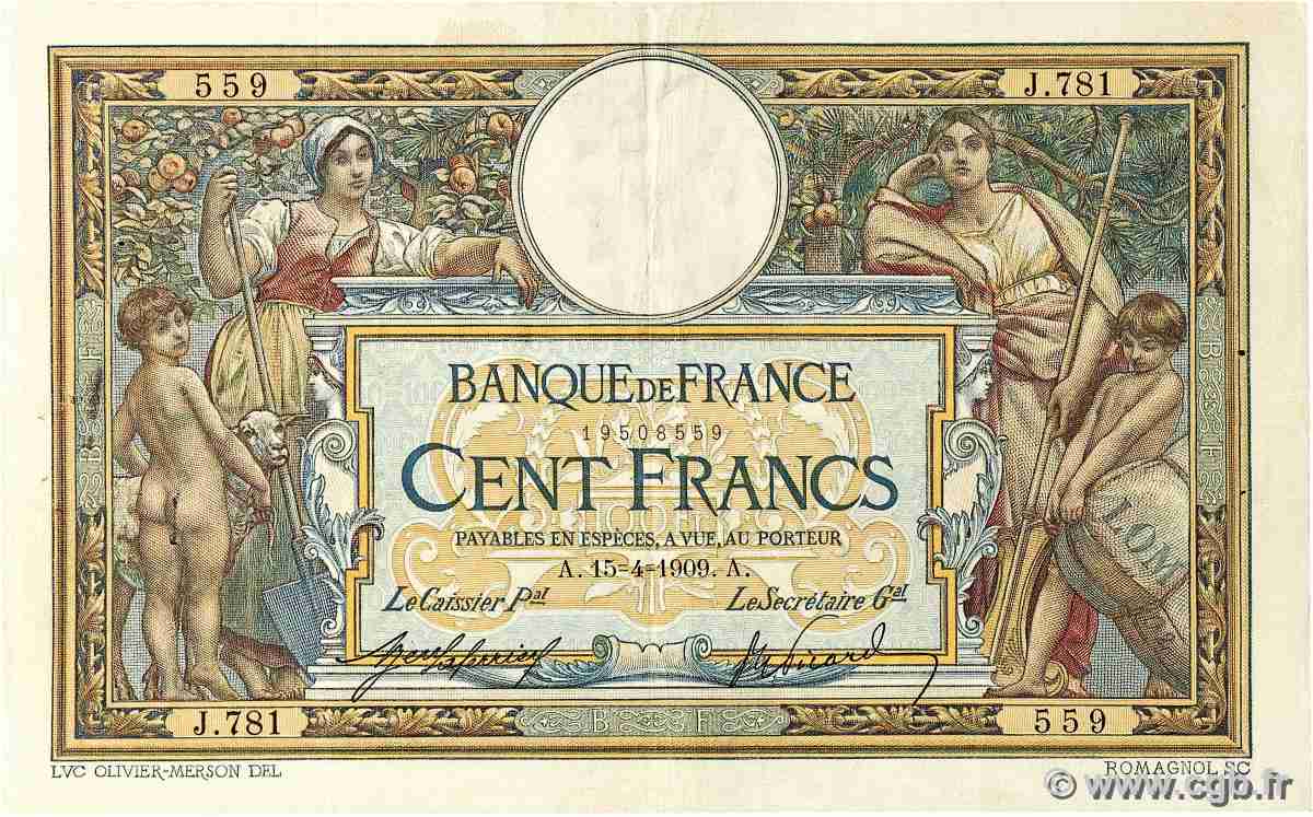 100 Francs LUC OLIVIER MERSON avec LOM FRANCE 1909 F.22.02 VF