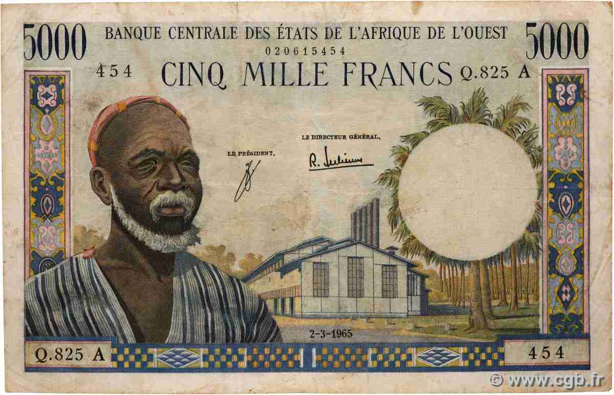 5000 Francs ESTADOS DEL OESTE AFRICANO 1965 P.104Ad BC