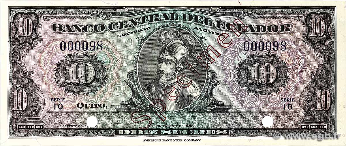 10 Sucres Spécimen EKUADOR 1950 P.101s VZ+