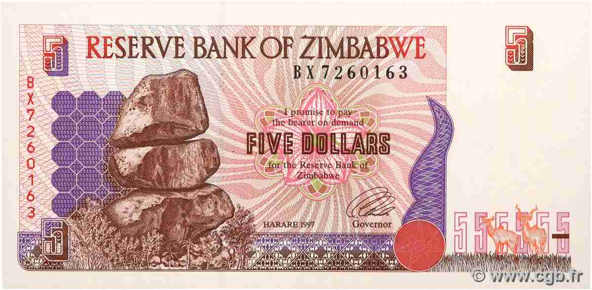 5 Dollars ZIMBABWE 1997 P.05 NEUF