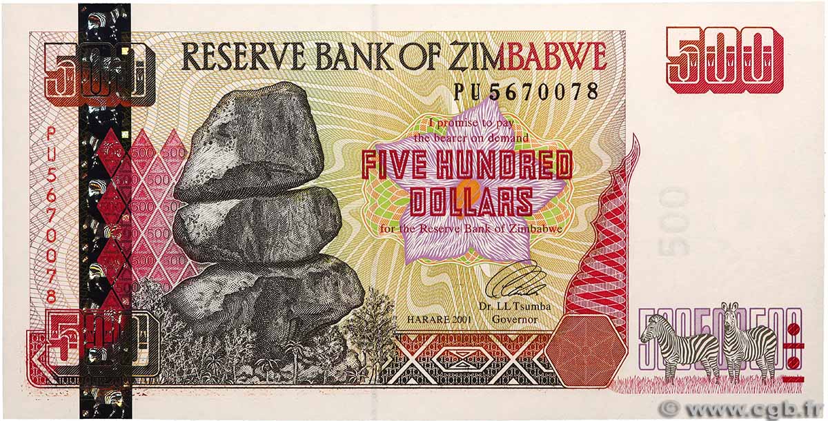 500 Dollars ZIMBABWE 2001 P.10 NEUF
