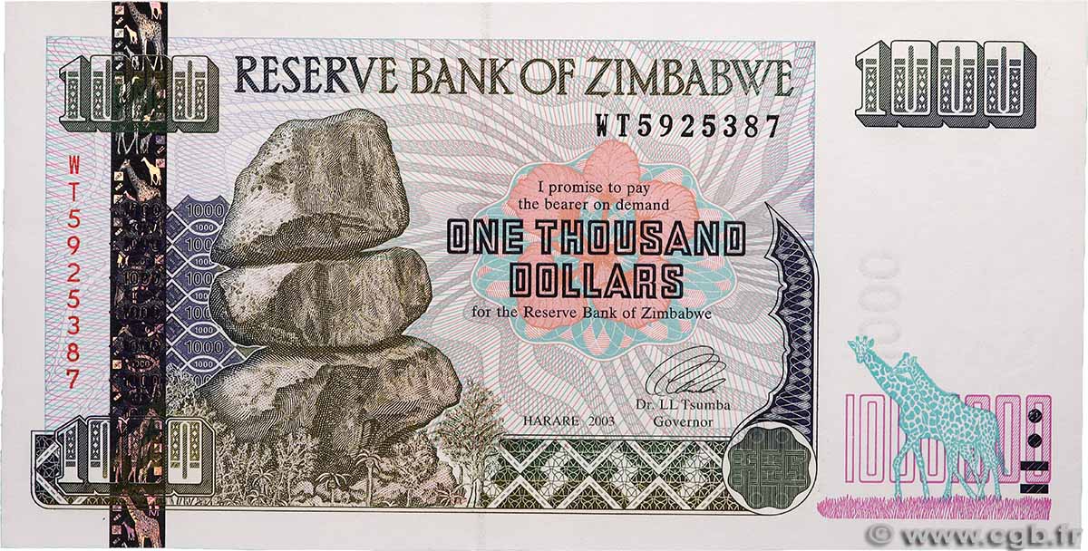 1000 Dollars ZIMBABWE 2003 P.12a UNC