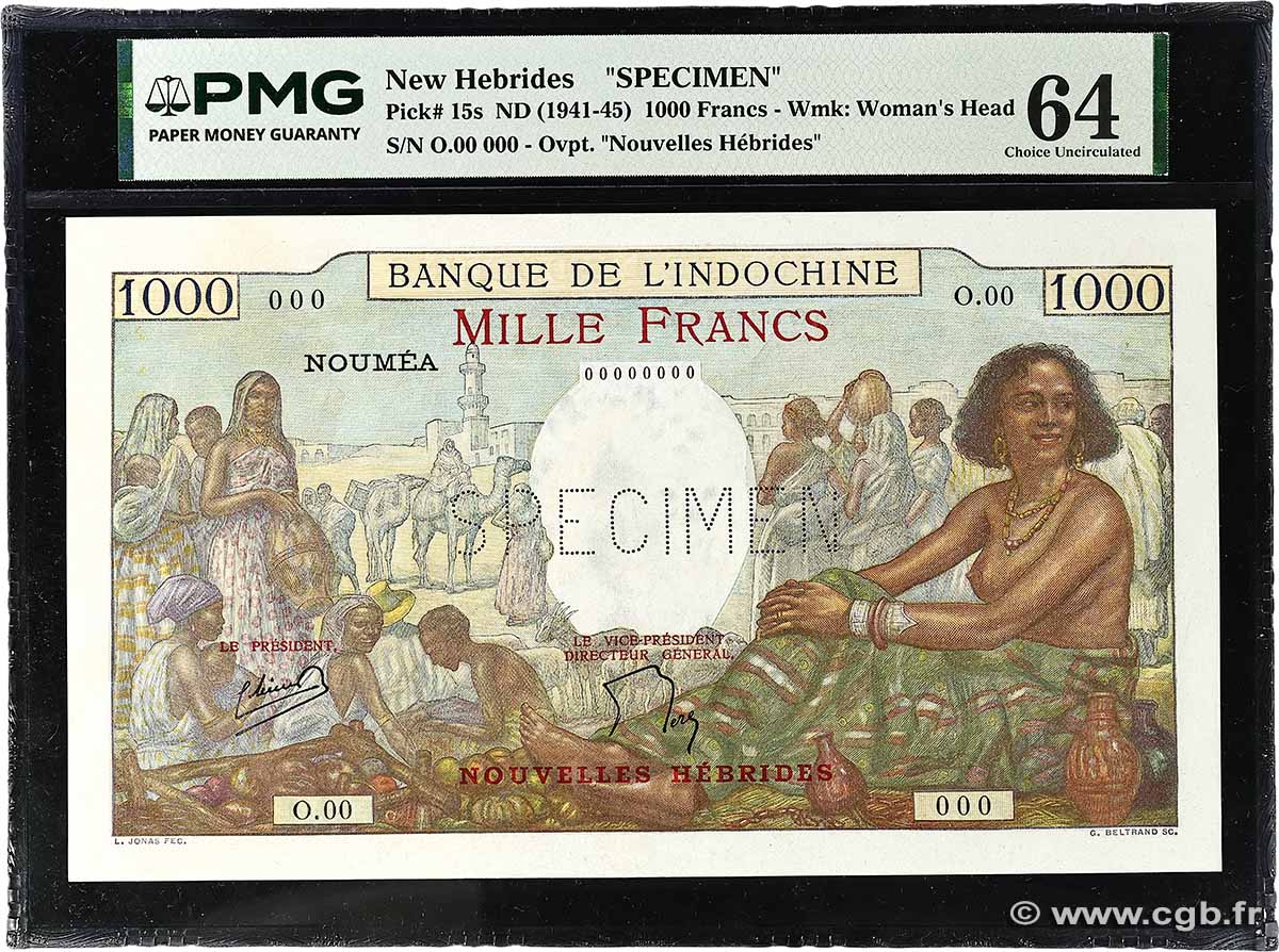 1000 Francs Spécimen NOUVELLES HÉBRIDES 1941 P.15s pr.NEUF