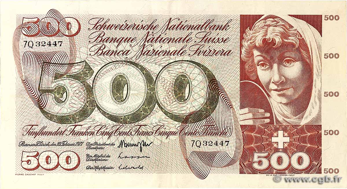 500 Francs SUISSE 1971 P.51i VF