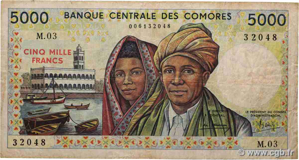 5000 Francs COMORES 1984 P.12b B+