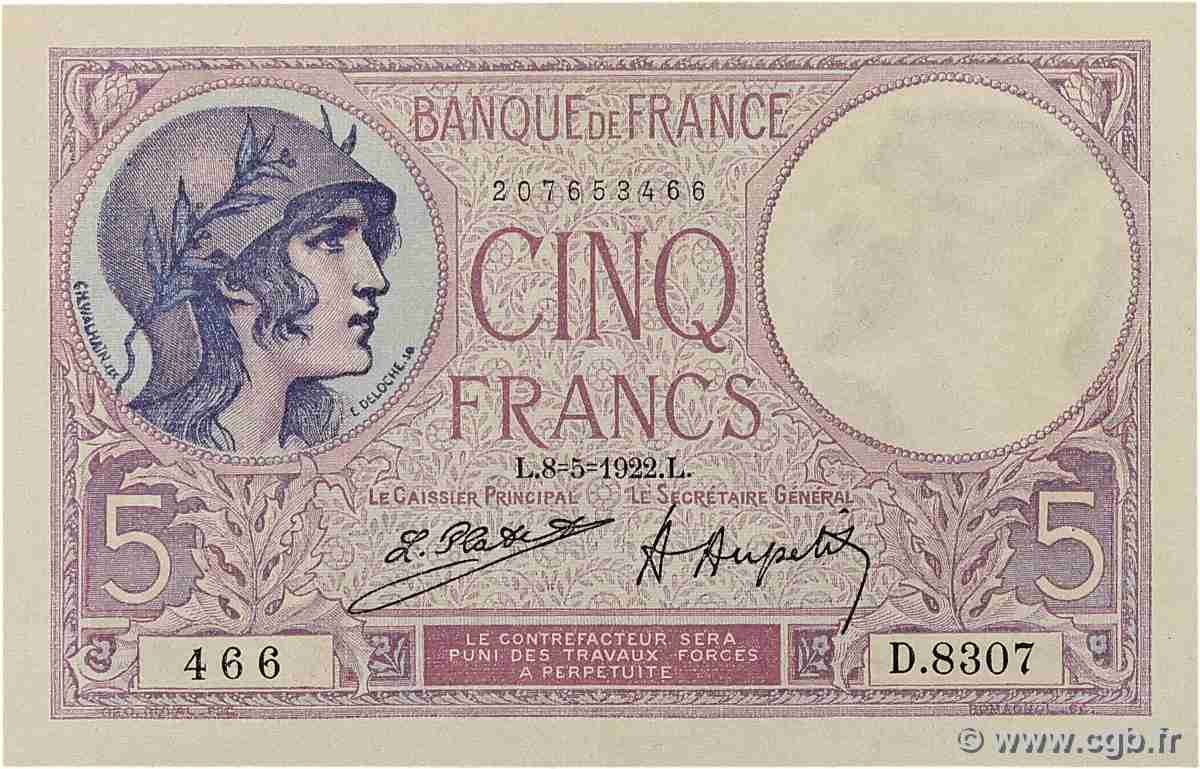 5 Francs FEMME CASQUÉE FRANCE 1922 F.03.06 XF+