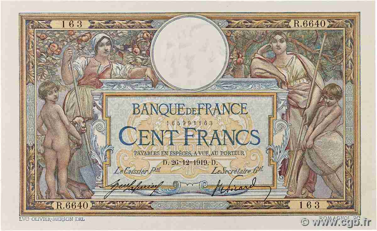100 Francs LUC OLIVIER MERSON sans LOM FRANCE 1919 F.23.11 VF+